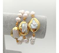 RUAJOGYNVM 8" 3 Strands 9-10mm Round freshwater pearl Yellow Gold edge White Keshi Pearl Bracelet