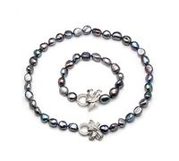 RUAJOGYNVM Barroco 925 Plata Natural Perlas de agua dulce Conjuntos de joyas Collar de perlas reales Pulsera Conjuntos de joyas cumplir Collares para mujer (Size : Black pearl set)