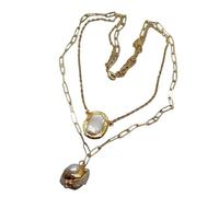 RUAJOGYNVM Colgante con dije de cuarzo, Perla blanca cultivada, chapado en oro, cadena en capas, collar llamativo de 17,5"