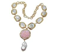 RUAJOGYNVM Collar con colgante de perla keshi blanca cultivada con borde galvanizado, flor de caracol reina, perla nucleada Flameball