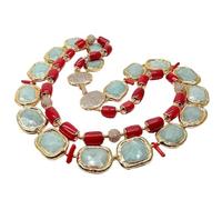 RUAJOGYNVM Collar de 2 hebras, rectángulo verde, tubo de Coral rojo, Color dorado, cierre de pavé de circonita cúbica de 21"