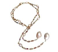 RUAJOGYNVM Collar de cadena larga con perlas barrocas nucleadas cultivadas de 50 ", cadena de suéter pavimentada rectangular de colores mezclados