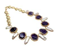 RUAJOGYNVM Collar de cuentas cepilladas con moneda de color dorado, Perla Biwa blanca, amatista facetada, 19"