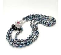 RUAJOGYNVM Collar de perlas de agua dulce de arroz negro de 22 "y 3 hebras, Perla de concha de mar, Zirconia cúbica, collar con conector de llama for mujer