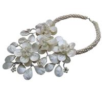 RUAJOGYNVM Collar llamativo hecho a mano con perlas cultivadas de agua dulce, redondas, blancas naturales, concha de perla, envoltura de cristal, flor, 22"
