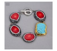 RUAJOGYNVM Coral rojo recortado pavimentado marcasita azul turquesa Color dorado plateado collar de pepita pulsera pendientes conjuntos (Bracelet)