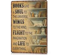 RUAJOGYNVM Inspirational Vintage Book Nook Metal Tin Sign Books Give A Soul To The Universe Home Library Affirmation Wall-Art Decor 8 X 12 in