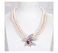 RUAJOGYNVM Joyería 2 hebras 8-9 mm collar de perlas blancas naturales colgante de flor de circonita roja