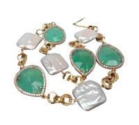 RUAJOGYNVM Pulsera de cadena de cristal verde con bisel de perlas Keshi rectangulares blancas naturales