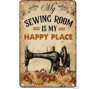 RUAJOGYNVM Sewing Room Is My Happy Place Vintage Metal Sign Funny Tin Plaque Home Sewing Room Wall Decor For Bedroom Office Kitchen 8 X 12 in