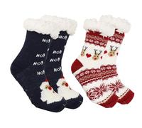 Ruarby 2 pares de calcetines de Navidad para mujer, cálidos, suaves, con forro polar, antideslizantes, térmicos, aislados, cálidos, Azul marino Santa Clau, Talla única