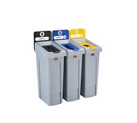 Rubbermaid Commercial Products Slim Jim Kit de Estación de Reciclaje | de 3 Flujos | Residuos (Negro), Papel (Azul), Plástico (Amarillo) | Tapas a Presión