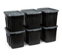 Rubbermaid Roughneck - Juego de 6 cajas de almacenamiento apilables con tapa y asas, 68 L, color negro y gris