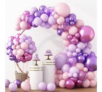 RUBFAC Kit de arco de guirnalda de globos rosa y morado, 129 piezas de diferentes tamaños, paquete de 18, 12, 10, 5 pulgadas, confeti metálico de látex, lavanda, morado, pastel, rosa, kit de arco de