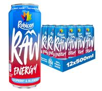 Rubicon RAW - Paquete de 12 bebidas energéticas de frambuesa y arándano, 500 ml, 20% de jugo de fruta real, alta cafeína con vitaminas B, ginseng y guaraná, sin colores ni sabores artificiales, reduce