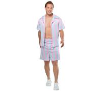 Rubies Barbie Movie Beach Ken - Disfraz de camiseta y pantalones cortos a rayas en rosa y azul claro para hombres adultos