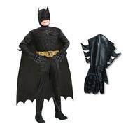 Rubies Batman Begins Deluxe - Juego de 5 guantes de disfraz de 6 a 12 años | Disfraz de Batman de lujo con mono acolchado muscular, capa, tocado, guantes de estilo blindado y cinturón utilitario.