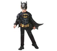 Rubies Disfraz Batman Black Core Deluxe para niño, con pecho musculoso de Lujo Oficial de Batman en color negro, capa removible y máscara para halloween, navidad, carnaval y cumpleaños