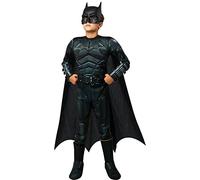 Rubies Disfraz Batman Deluxe para niño, con pecho musculoso de Lujo Oficial de la película The Batman en color negro, capa removible y máscara para halloween, navidad, carnaval y cumpleaños