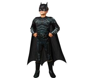Rubies Disfraz Batman Deluxe para niño, con pecho musculoso de Lujo Oficial de la película The Batman en color negro, capa removible y máscara para halloween, navidad, carnaval y cumpleaños