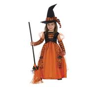 Rubies Disfraz Bruja Brillante para niña, vestido de bruja infantil en color naranja, con detalles en purpurina y sombrero detalles con lentejuelas para halloween, carnaval, cumpleaños y navidad