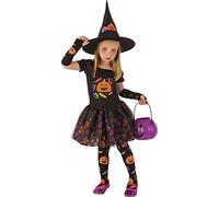 Rubies Disfraz Bruja candy para niña, Vestido de bruja con manguitos, medias y sombrero con diseños de calabacitas impresas, Original, Ideal para halloween, carnaval y cumpleaños