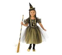 Rubies Disfraz Bruja Estrellitas para niñas, Vestido dorado y negro con sombrero, Oficial Halloween, Carnaval, Navidad y cumpleaños
