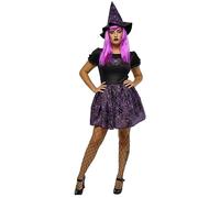 Rubies Disfraz Bruja Spiderweb Neon para mujer, Vestido y sombrero, Color Rosa, Brujas, Witches para Halloween, Fiestas, Carnaval, cumpleaños y cosplay