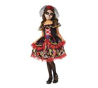 Rubies Disfraz Catrinita Deluxe para niña, Vestido negro de tul en rojo, estampados de calaveras y diadema de rosas con velo, Licencia Oficial Rubies