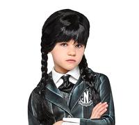 Peluca de Miércoles con trenzas y flequillo para disfraz de carnaval, Halloween y cosplay ㅤ