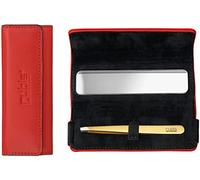 Rubis Pinzas de oro - Pinzas para cejas en oblicuas en piel roja con espejo cosmético pequeño para el bolso - punta oblicua para depilación