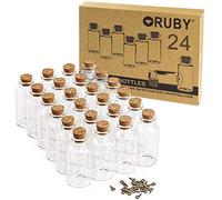 RUBY 24pcs 25ml Mini Botella Cristal Pequeña - 30 X 60mm Frascos de Vidrio Tapon Corcho, Botella Vidrio Tapones de Corcho, Botes Cristal Pequeños, Kit Mini Botellas de Cristal con Gancho Metalico