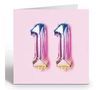 Ruby Ashley Tarjeta de cumpleaños número 11 para niña, tarjeta de 11 aniversario, tarjeta de cumpleaños para una niña de 11 años, globos de aluminio arcoíris