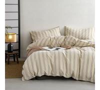 Ruccit Juego de ropa de cama con funda nórdica beige para cama de matrimonio, con rayas verdes, 100 % algodón lavado, color crema, para cama de matrimonio, niños, adolescentes, moderno, 3 piezas