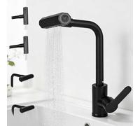 RUCUDIM Waterfall grifo de cocina con 4 tipos de chorro, giratorio 360°, grifo mezclador, monomando, acero inoxidable negro, cromo pulido