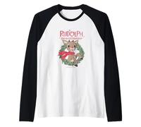 Rudolph Holiday Wreath Illustration Vintage Christmas Camiseta Manga Raglan