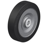 Rueda de 250 mm con goma elástica negra sobre un núcleo de acero soldado