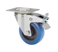 Rueda giratoria de goma con placa, eje de rodillos y freno, color azul