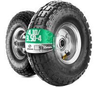 Rueda inflable 4.10/3.50-4 (x2) Cubo transportado 55 mm y orificio de 20 mm para demonios, carro, carretilla, etc. Rueda completa: neumático + cámara de aire con válvula acodada + llanta de acero