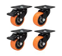 Ruedas giratorias Relaxdays, set de 4, 75 mm, 600 kg, con freno, placa de acero, PVC, para cargas pesadas, negro/naranja