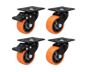 Ruedas giratorias Relaxdays, set de 4, 75 mm, 600 kg, con freno, placa de acero, PVC, para cargas pesadas, negro/naranja