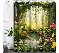 Ruelvth Cortina de ducha con diseño de bosque encantado, cortinas de ducha botánicas verdes naturales con ganchos, flores de primavera y hojas, decoración de baño, 72 x 84 pulgadas