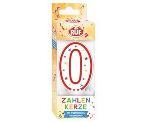 RUF - Vela con número 0, color rojo con estrellas de colores, vela de aniversario de con protección antigoteo, ideal para decoración de tartas, 1 unidad