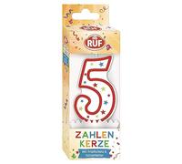 RUF Vela número 5 de cumpleaños roja con estrellas coloridas, vela de aniversario de alta calidad con protección antigoteo, ideal para decoración de tartas, 1 unidad