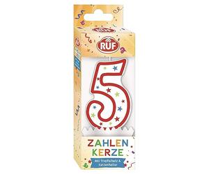 RUF Vela número 5 de cumpleaños roja con estrellas coloridas, vela de aniversario de alta calidad con protección antigoteo, ideal para decoración de tartas, 1 unidad
