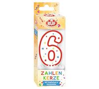 RUF - Vela número 6 con número 6, color rojo con estrellas de colores, vela de aniversario de alta calidad con protección antigoteo, ideal para decoración de tartas, 1 unidad