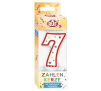 RUF - Vela número 7, color rojo con estrellas de colores, vela de aniversario de alta calidad con protección antigoteo, ideal para decoración de tartas, 1 unidad