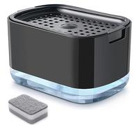RUFCRIL Dispensador de jabón y soporte de esponja con esponja, dispensador de jabón para platos de 10 onzas / 300 ml para cocina, color negro