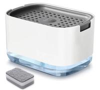 RUFCRIL Dispensador de jabón y soporte de esponja con esponja, dispensador de jabón para platos de 300 ml para cocina, color blanco