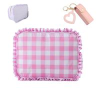 Ruffle Pouch Bag, Checkered Cosmetic Bags with Cherishty Lip Oil Keychain - Mirror &Oil 2-in-1, Multifunction Organizer Checkered Toiletry Bags for Women Girls Travel Daily Use (Pink)